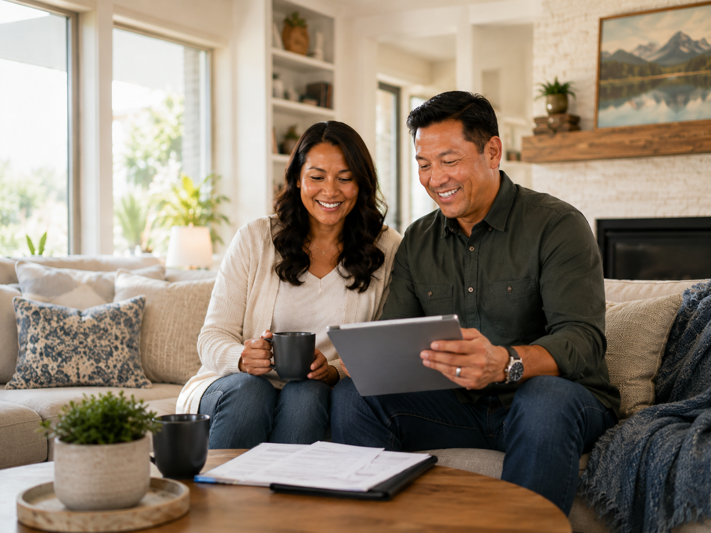 A couple reviewing their finances together at home